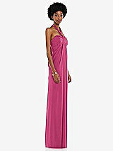 Side View Thumbnail - Tea Rose Draped Satin Grecian Column Gown with Convertible Straps