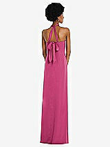 Rear View Thumbnail - Tea Rose Draped Satin Grecian Column Gown with Convertible Straps