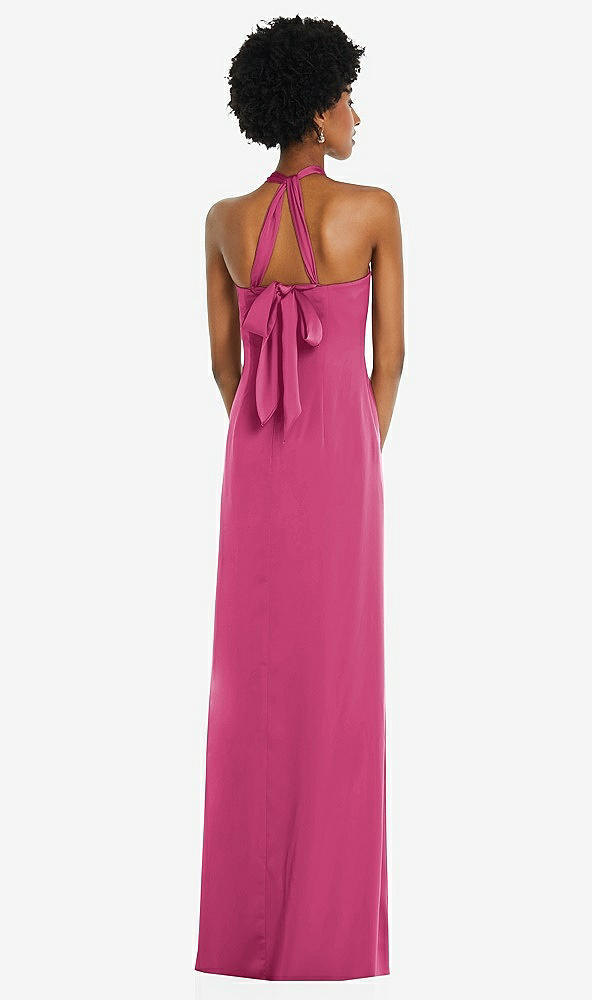 Back View - Tea Rose Draped Satin Grecian Column Gown with Convertible Straps