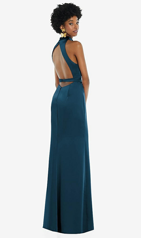 Front View - Atlantic Blue High Neck Backless Maxi Dress with Slim Belt