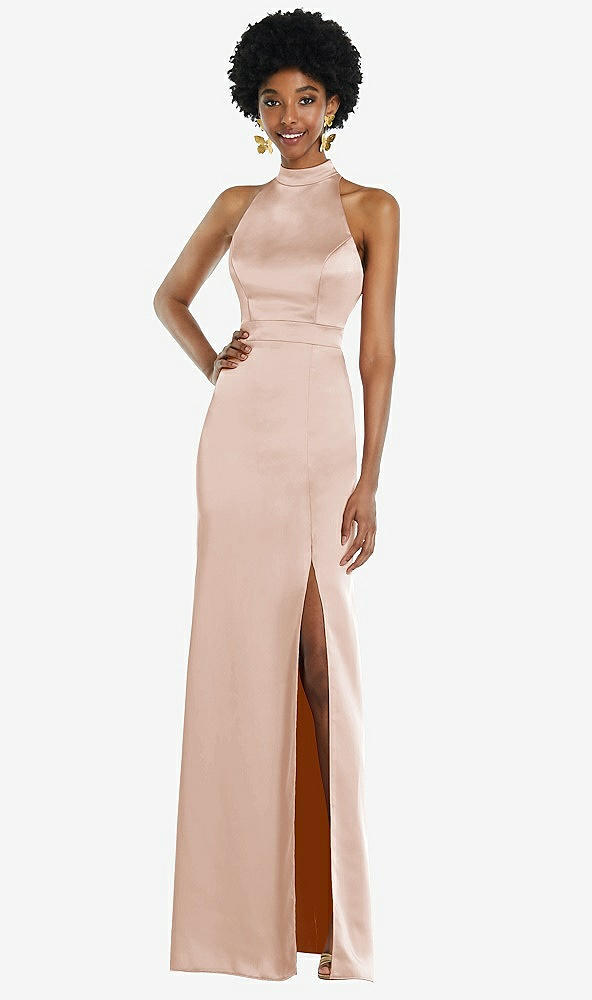 Back View - Cameo High Neck Backless Maxi Dress with Slim Belt