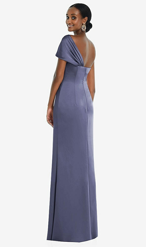 Back View - French Blue Twist Cuff One-Shoulder Princess Line Trumpet Gown