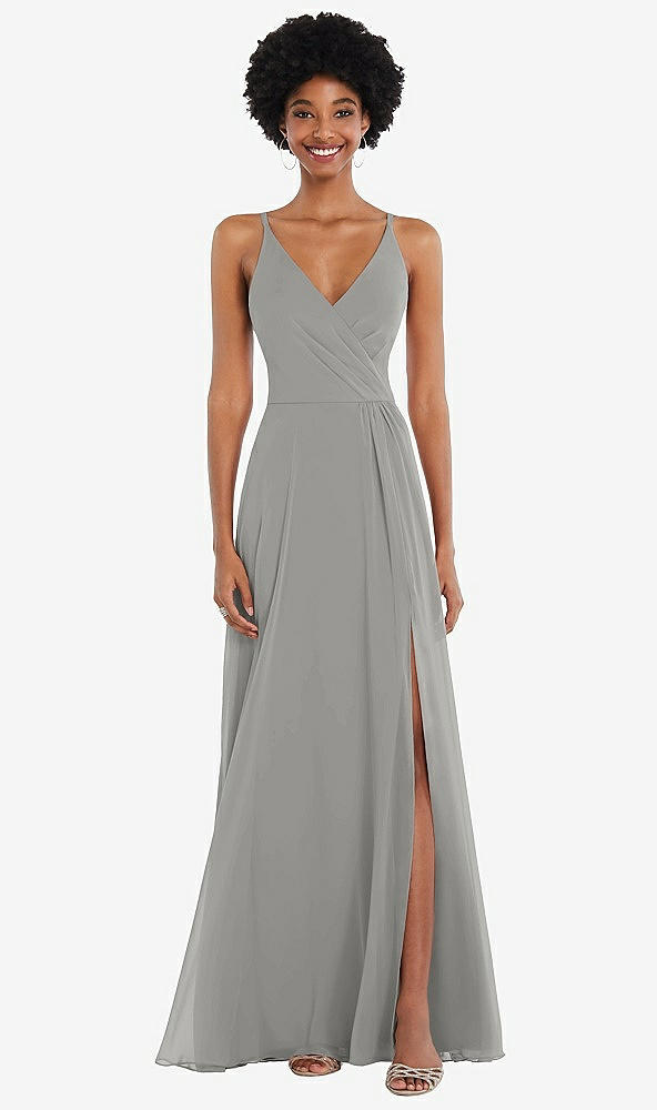 Front View - Chelsea Gray Faux Wrap Criss Cross Back Maxi Dress with Adjustable Straps