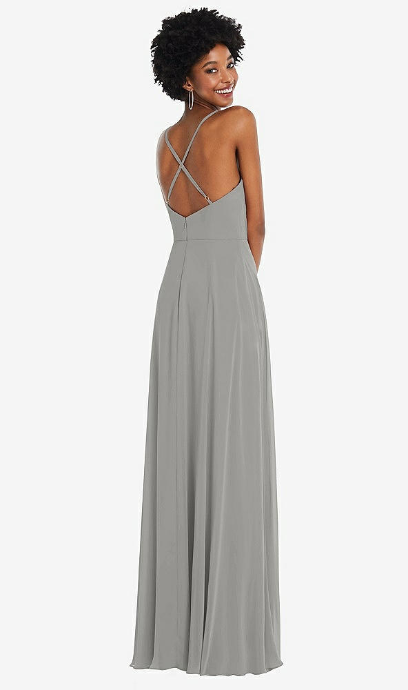 Back View - Chelsea Gray Faux Wrap Criss Cross Back Maxi Dress with Adjustable Straps