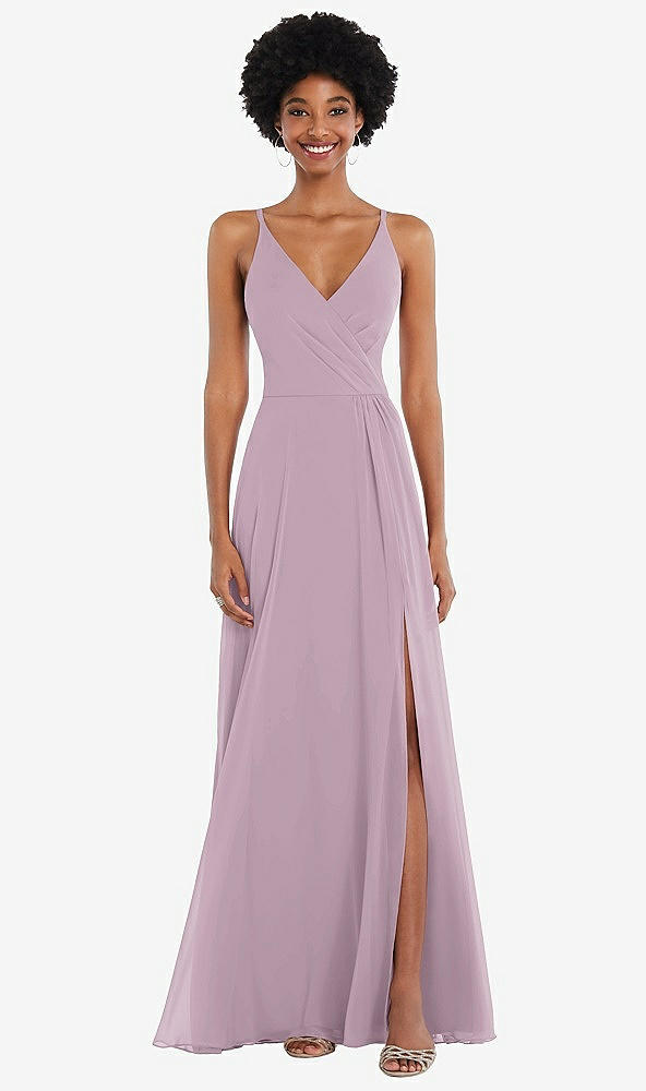 Front View - Suede Rose Faux Wrap Criss Cross Back Maxi Dress with Adjustable Straps