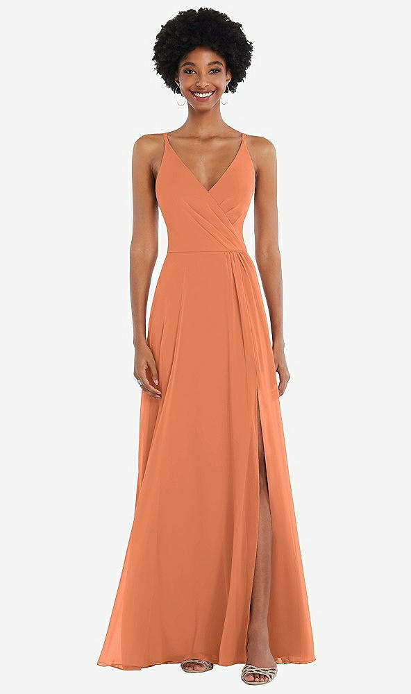 Front View - Sweet Melon Faux Wrap Criss Cross Back Maxi Dress with Adjustable Straps
