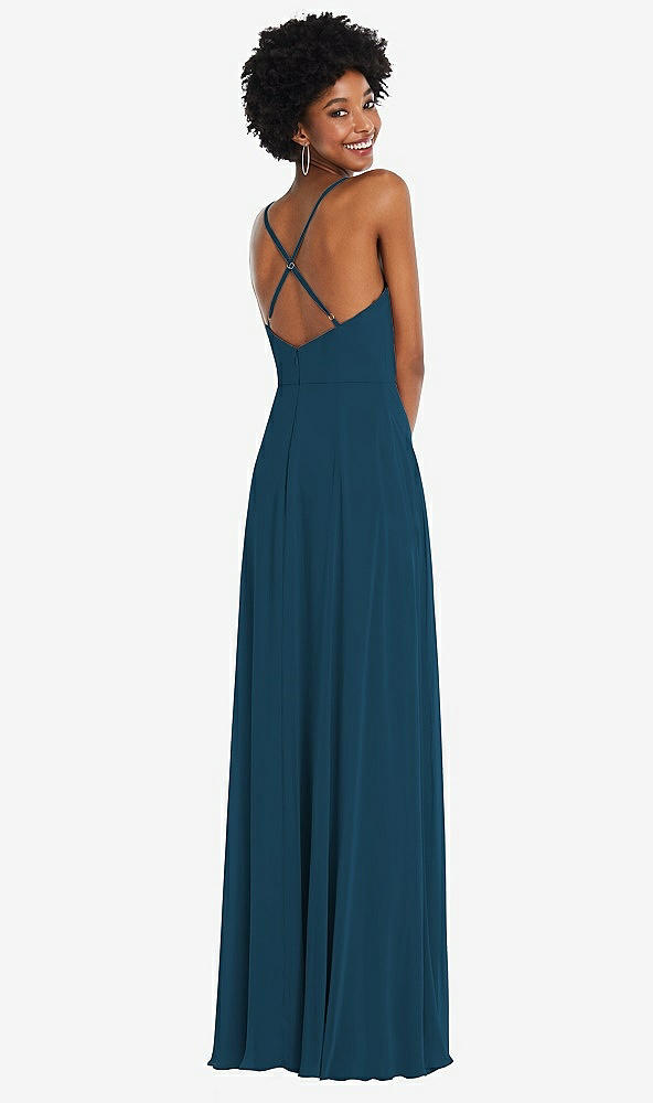 Back View - Atlantic Blue Faux Wrap Criss Cross Back Maxi Dress with Adjustable Straps