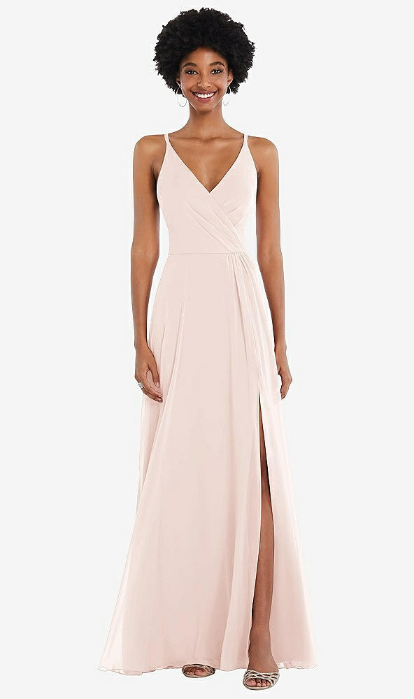 Front View - Blush Faux Wrap Criss Cross Back Maxi Dress with Adjustable Straps