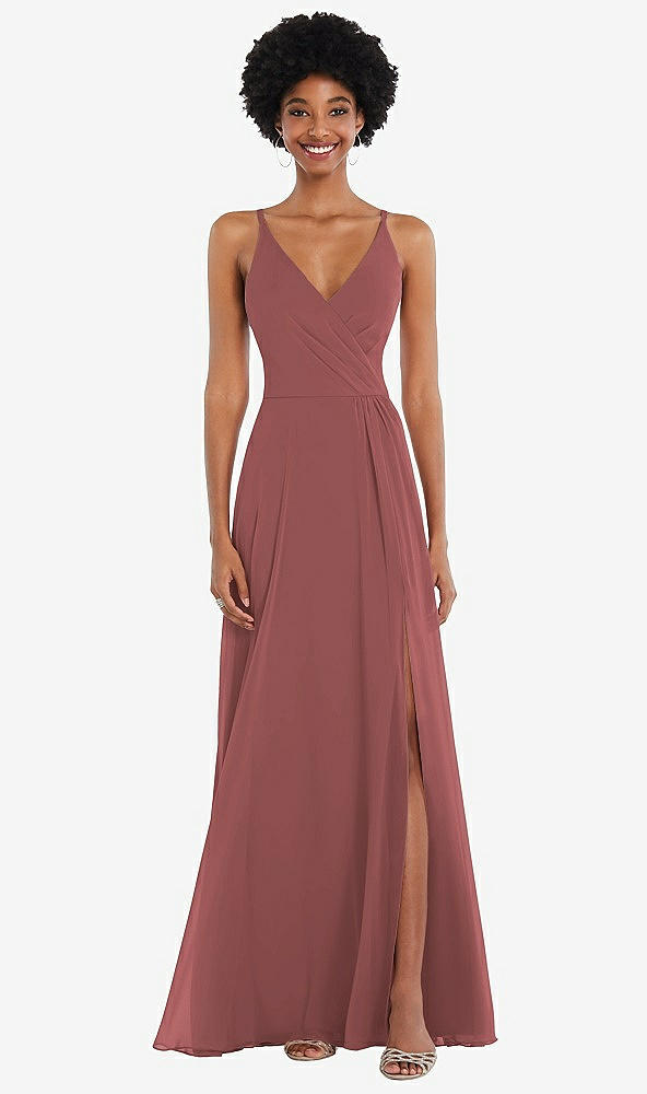 Front View - English Rose Faux Wrap Criss Cross Back Maxi Dress with Adjustable Straps