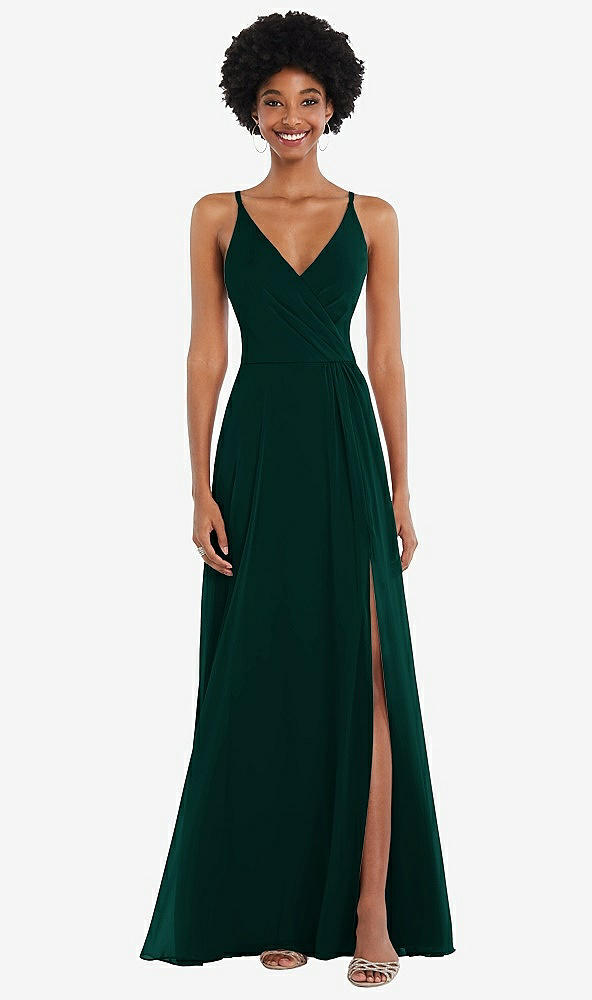 Front View - Evergreen Faux Wrap Criss Cross Back Maxi Dress with Adjustable Straps