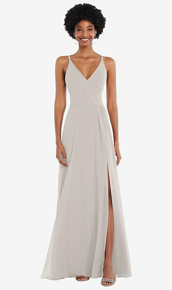 Front View - Oyster Faux Wrap Criss Cross Back Maxi Dress with Adjustable Straps