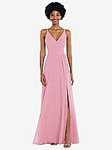 Front View Thumbnail - Peony Pink Faux Wrap Criss Cross Back Maxi Dress with Adjustable Straps