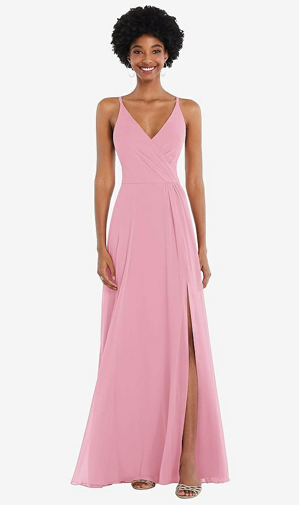 Front View - Peony Pink Faux Wrap Criss Cross Back Maxi Dress with Adjustable Straps