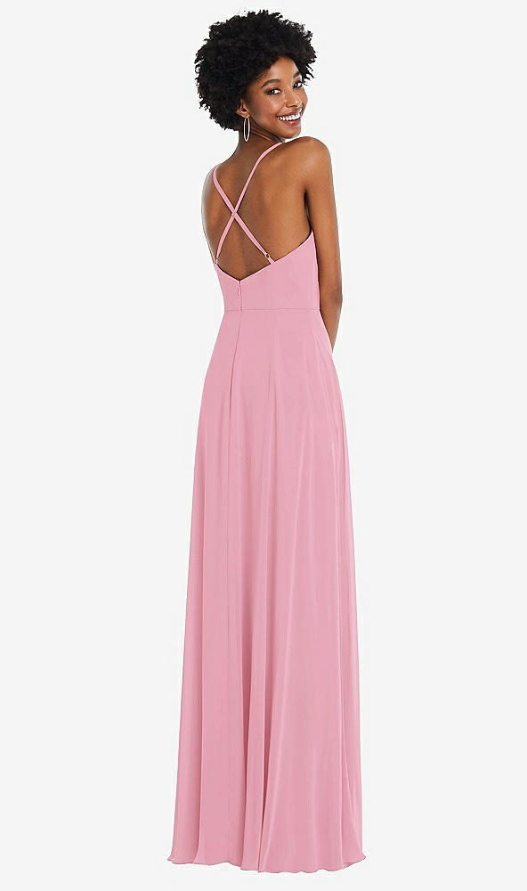 Back View - Peony Pink Faux Wrap Criss Cross Back Maxi Dress with Adjustable Straps