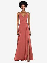 Front View Thumbnail - Coral Pink Faux Wrap Criss Cross Back Maxi Dress with Adjustable Straps