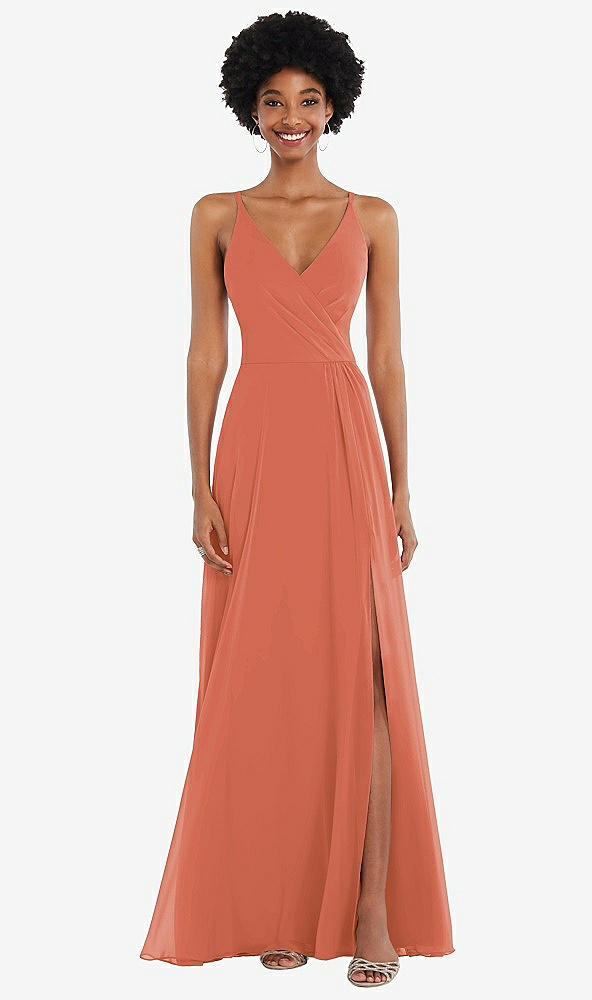 Front View - Terracotta Copper Faux Wrap Criss Cross Back Maxi Dress with Adjustable Straps