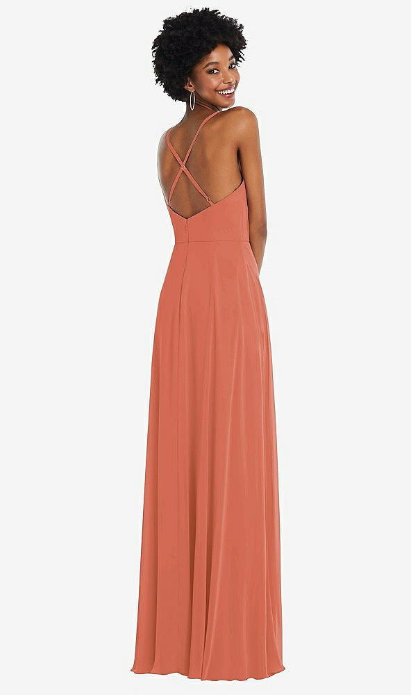 Back View - Terracotta Copper Faux Wrap Criss Cross Back Maxi Dress with Adjustable Straps