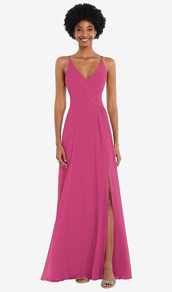 Front View - Tea Rose Faux Wrap Criss Cross Back Maxi Dress with Adjustable Straps
