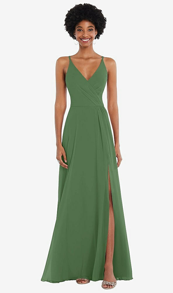 Front View - Vineyard Green Faux Wrap Criss Cross Back Maxi Dress with Adjustable Straps