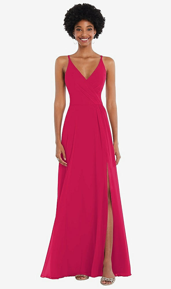 Front View - Vivid Pink Faux Wrap Criss Cross Back Maxi Dress with Adjustable Straps