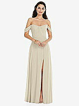 Front View Thumbnail - Champagne Off-the-Shoulder Draped Sleeve Maxi Dress with Front Slit
