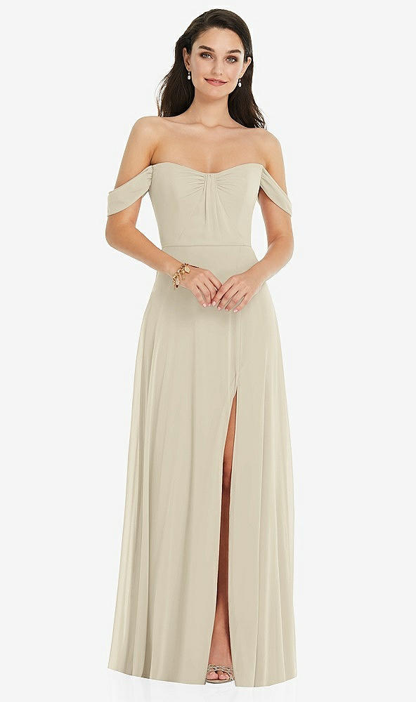 Front View - Champagne Off-the-Shoulder Draped Sleeve Maxi Dress with Front Slit