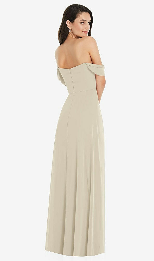 Back View - Champagne Off-the-Shoulder Draped Sleeve Maxi Dress with Front Slit