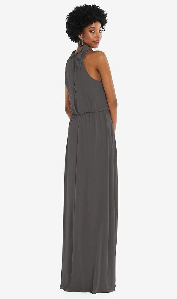 Back View - Caviar Gray Scarf Tie High Neck Blouson Bodice Maxi Dress with Front Slit