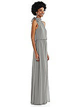Side View Thumbnail - Chelsea Gray Scarf Tie High Neck Blouson Bodice Maxi Dress with Front Slit