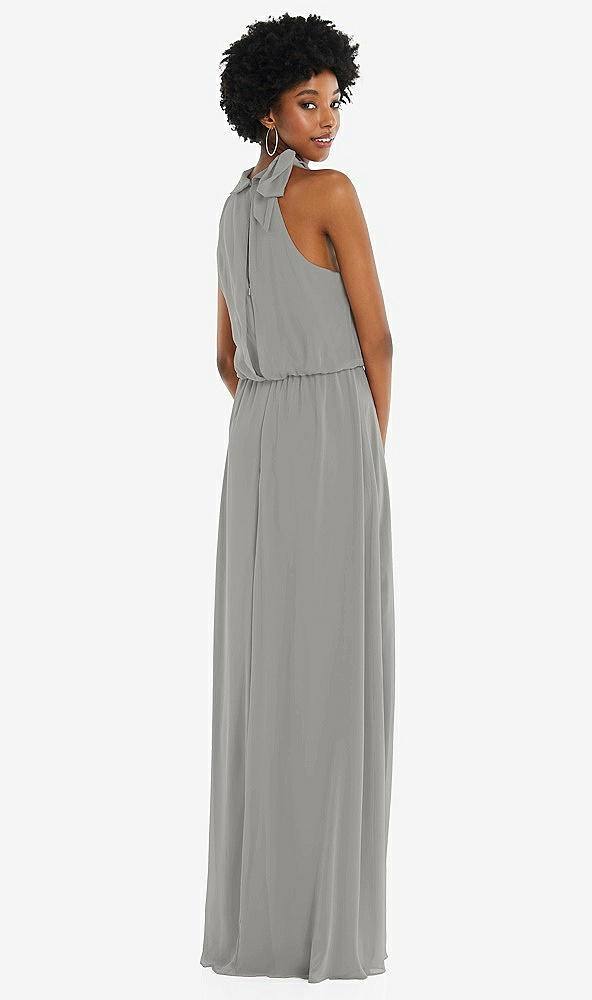 Back View - Chelsea Gray Scarf Tie High Neck Blouson Bodice Maxi Dress with Front Slit