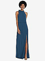 Front View Thumbnail - Dusk Blue Scarf Tie High Neck Blouson Bodice Maxi Dress with Front Slit