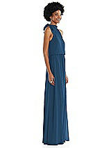 Side View Thumbnail - Dusk Blue Scarf Tie High Neck Blouson Bodice Maxi Dress with Front Slit