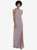 Front View Thumbnail - Lilac Dusk Scarf Tie High Neck Blouson Bodice Maxi Dress with Front Slit