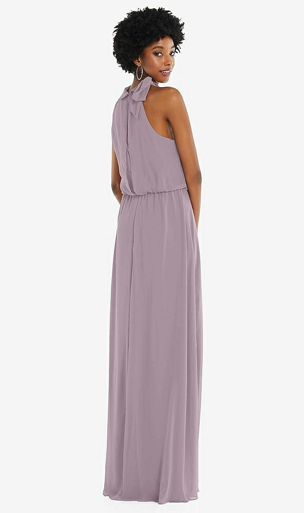 Back View - Lilac Dusk Scarf Tie High Neck Blouson Bodice Maxi Dress with Front Slit