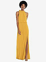 Front View Thumbnail - NYC Yellow Scarf Tie High Neck Blouson Bodice Maxi Dress with Front Slit