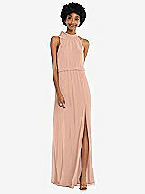 Front View Thumbnail - Pale Peach Scarf Tie High Neck Blouson Bodice Maxi Dress with Front Slit