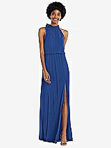 Front View Thumbnail - Classic Blue Scarf Tie High Neck Blouson Bodice Maxi Dress with Front Slit
