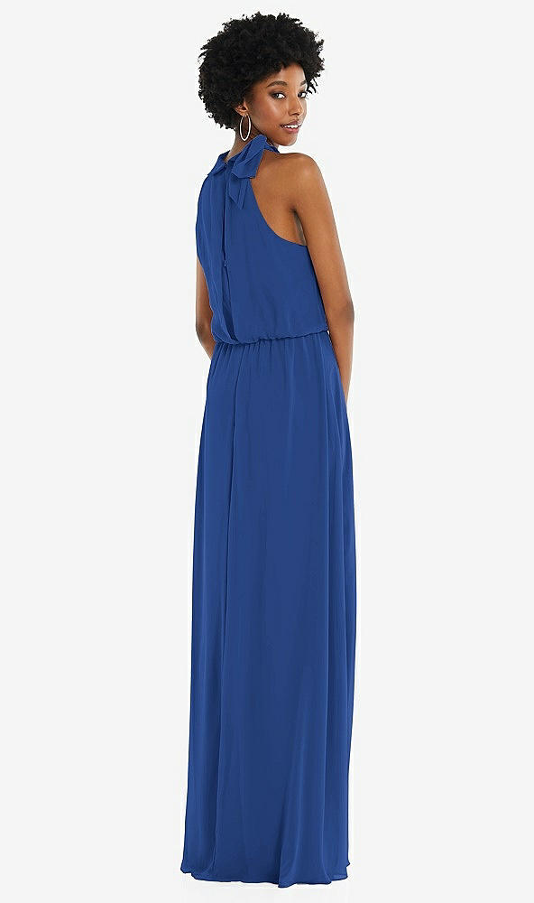 Back View - Classic Blue Scarf Tie High Neck Blouson Bodice Maxi Dress with Front Slit