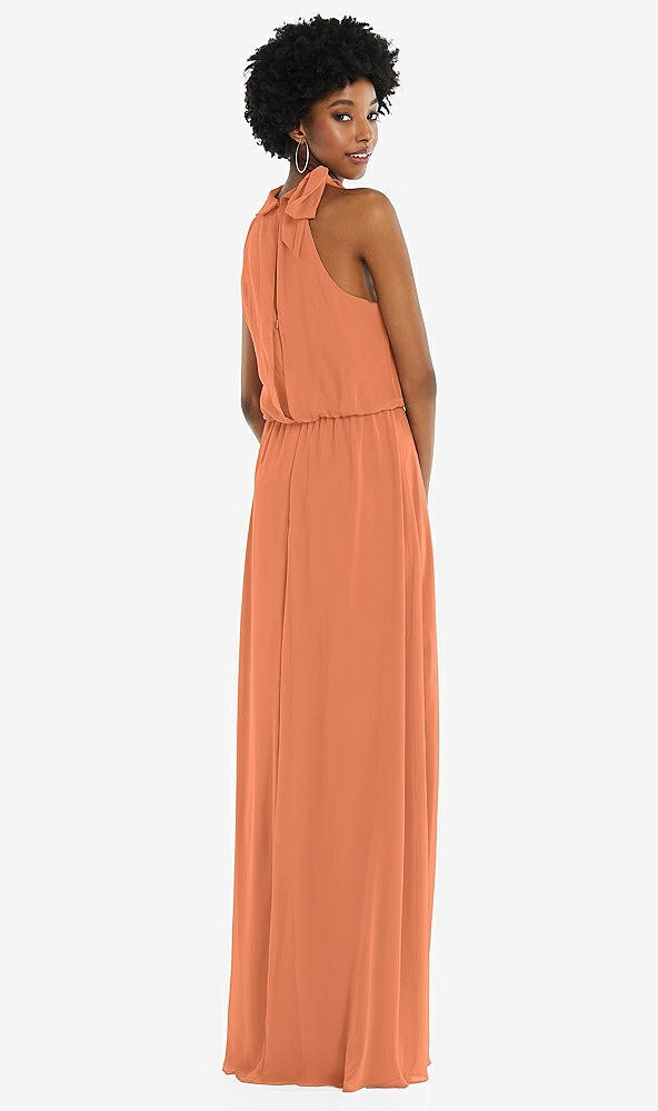 Back View - Sweet Melon Scarf Tie High Neck Blouson Bodice Maxi Dress with Front Slit