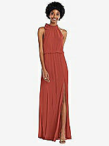 Front View Thumbnail - Amber Sunset Scarf Tie High Neck Blouson Bodice Maxi Dress with Front Slit