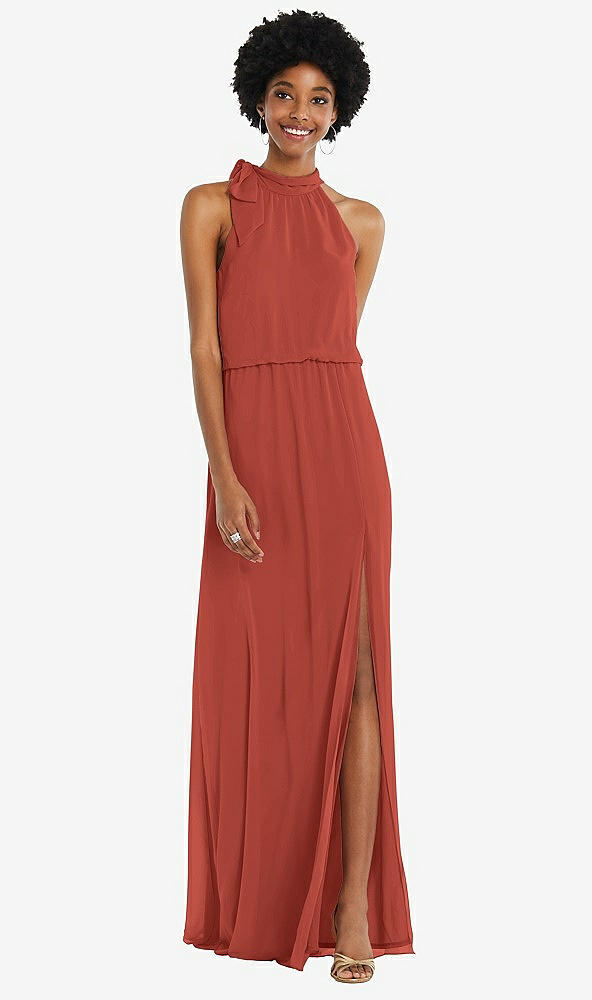 Front View - Amber Sunset Scarf Tie High Neck Blouson Bodice Maxi Dress with Front Slit