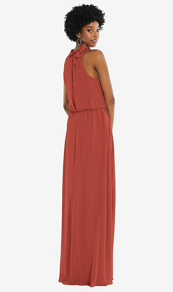 Back View - Amber Sunset Scarf Tie High Neck Blouson Bodice Maxi Dress with Front Slit