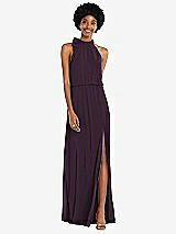 Front View Thumbnail - Aubergine Scarf Tie High Neck Blouson Bodice Maxi Dress with Front Slit