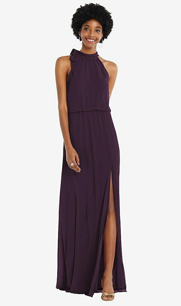 Front View - Aubergine Scarf Tie High Neck Blouson Bodice Maxi Dress with Front Slit