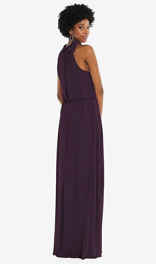 Back View - Aubergine Scarf Tie High Neck Blouson Bodice Maxi Dress with Front Slit
