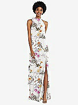 Front View Thumbnail - Butterfly Botanica Ivory Scarf Tie High Neck Blouson Bodice Maxi Dress with Front Slit