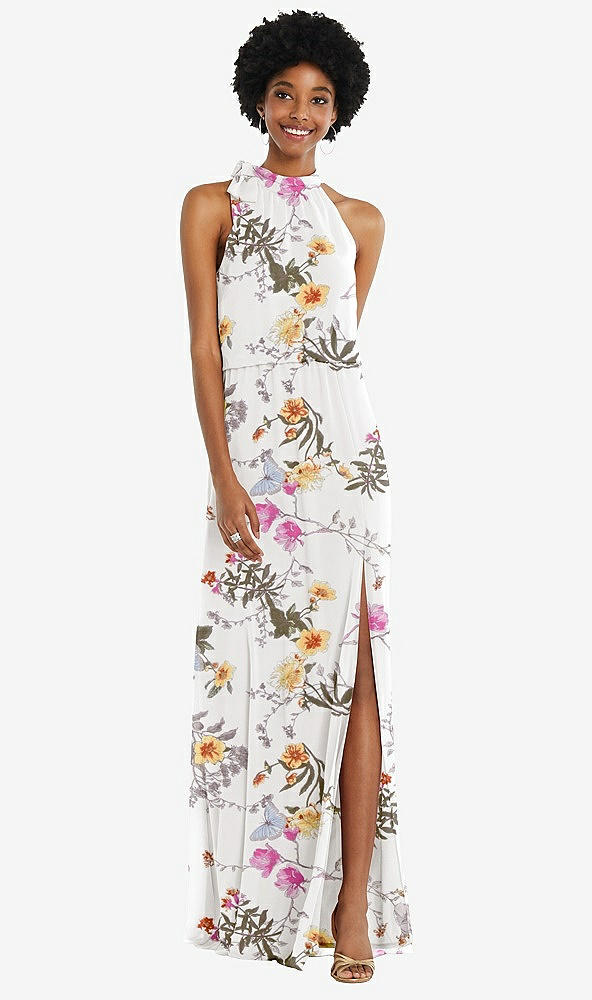 Front View - Butterfly Botanica Ivory Scarf Tie High Neck Blouson Bodice Maxi Dress with Front Slit