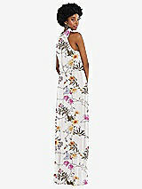 Rear View Thumbnail - Butterfly Botanica Ivory Scarf Tie High Neck Blouson Bodice Maxi Dress with Front Slit