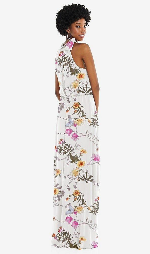 Back View - Butterfly Botanica Ivory Scarf Tie High Neck Blouson Bodice Maxi Dress with Front Slit