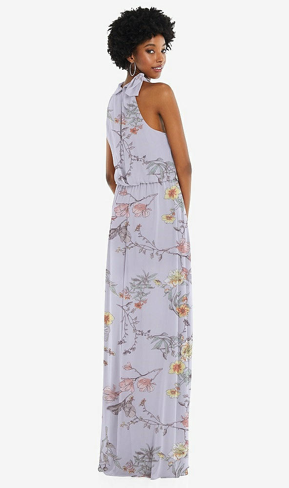 Back View - Butterfly Botanica Silver Dove Scarf Tie High Neck Blouson Bodice Maxi Dress with Front Slit